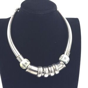 Vintage Tube Bead Torque Collar Tribal Style Silver Tone Choker Necklace